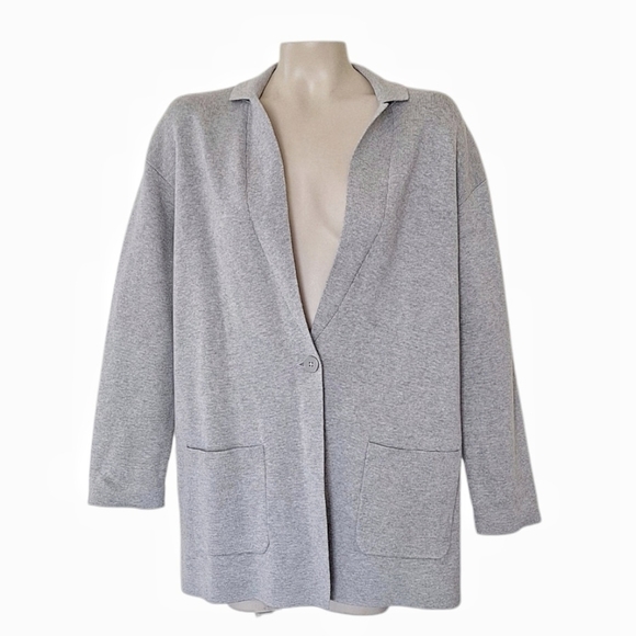 Talbots Gray Cotton Blend Long Button Cardigan Petite Large Business Casual - Picture 1 of 5